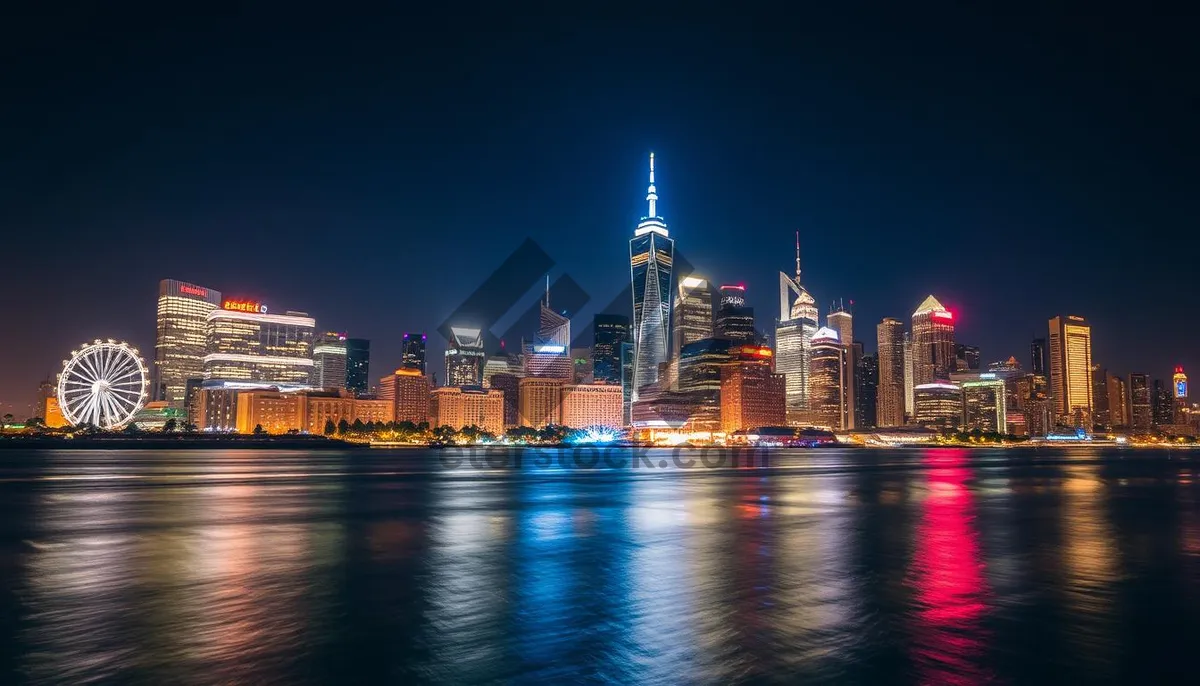 Picture of Modern skyline with glowing office towers at dusk