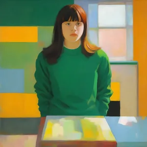 Happy brunette businesswoman working on laptop in office