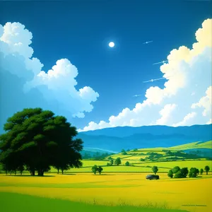 Idyllic countryside landscape with vast meadows and colorful autumn trees