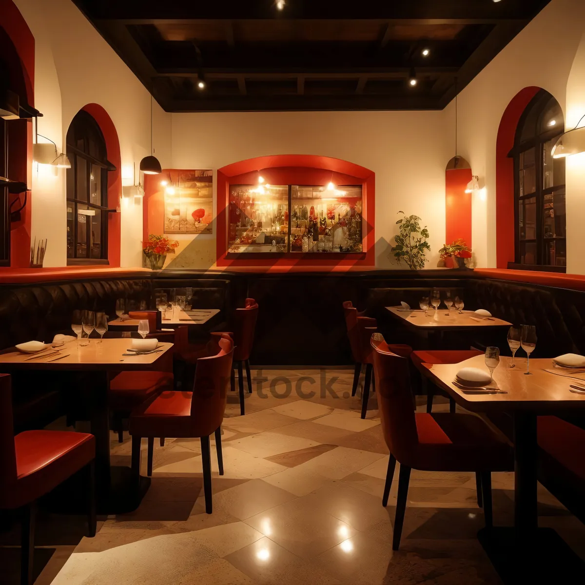 Picture of Modern luxury restaurant interior with wooden furniture and glass window