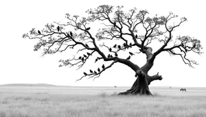 Skyline silhouette of vulture perched on oak branch