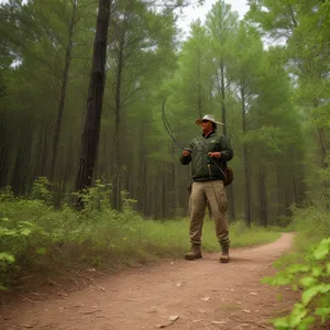 Mountain man with power saw in forest