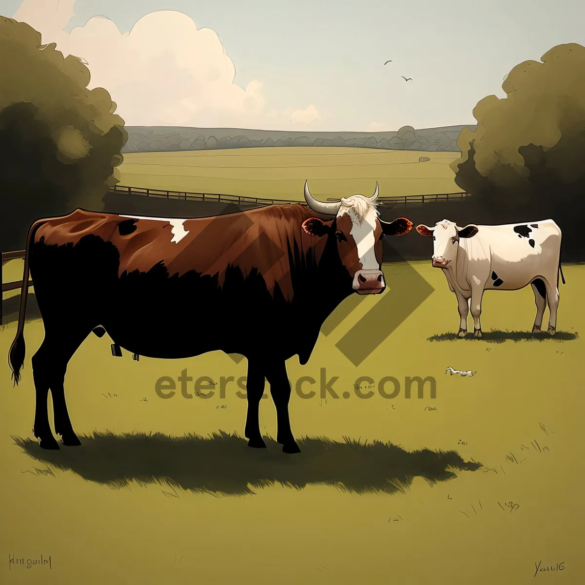 Picture of Idyllic rural countryside farm with grazing cows