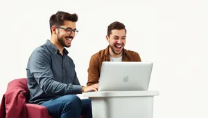 Happy businessman working on laptop in modern office.
