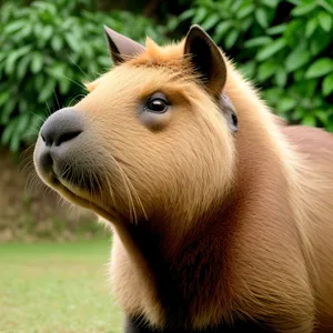 Adorable domestic horse peacefully grazing in grassy field