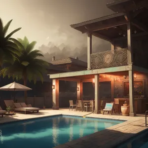 Serene Tropical Escape: Luxurious Beachfront Resort with Palm-lined Pool