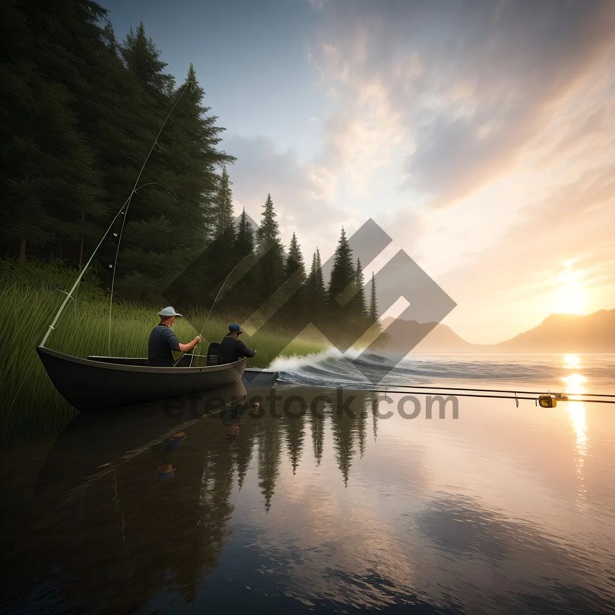 Picture of Serene Sunset on Calm Lake with Kayak