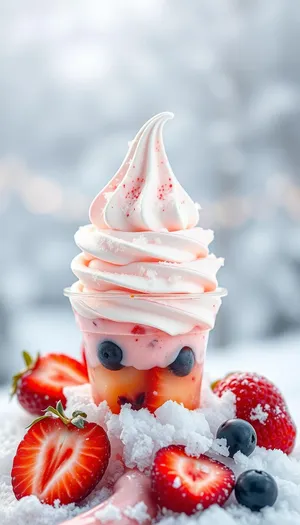 Strawberry Ice Cream Cone with Fresh Berries and Yogurt