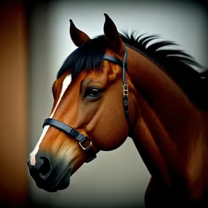 Thoroughbred Stallion in Bridle and Muzzle