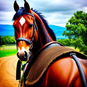 Sporting Mare in Rustic Saddle Amidst Scenic Fields