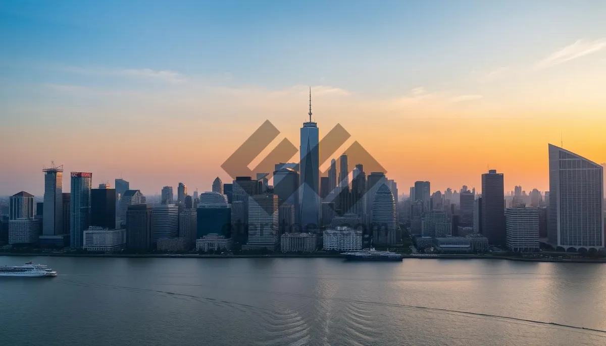 Picture of Modern skyline at night with waterfront reflection.