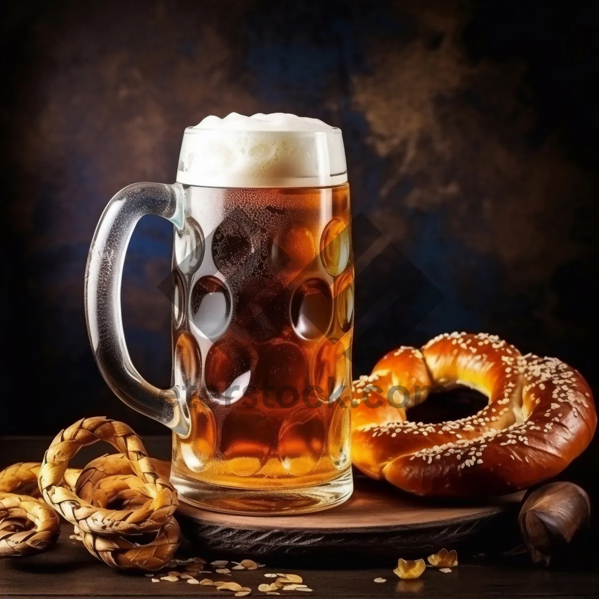 Picture of Morning coffee in glass cup with pretzel