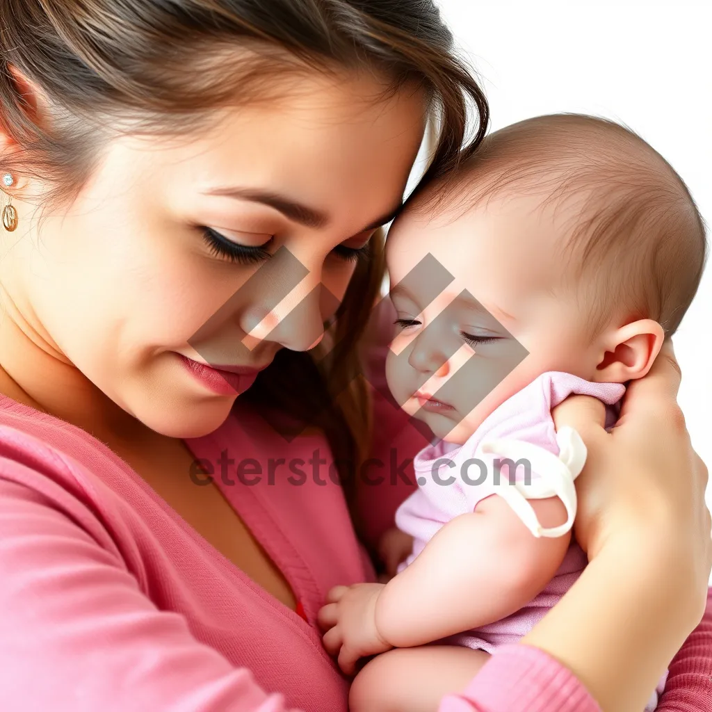 Picture of Portrait of happy mother and son with gladiolus.