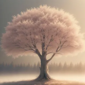 Winter Wonderland: Majestic Snow-Covered Oak Tree in a Serene Forest