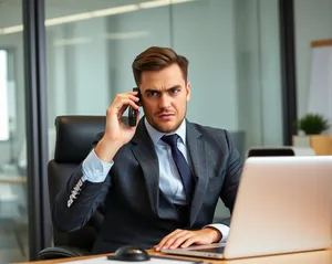 Happy male business professional working on laptop in office