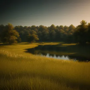 Idyllic Farm Sunrise Over Reflective Pond