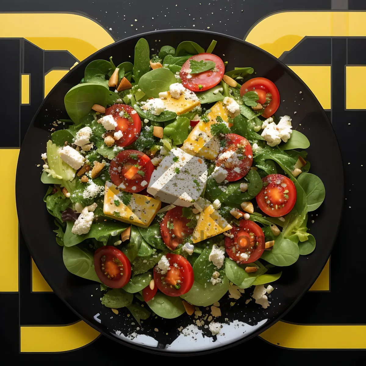 Picture of Fresh gourmet salad with cheese, tomatoes, and olives.