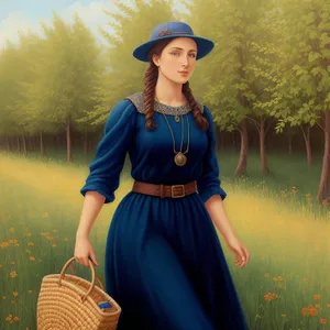 Smiling Lady with Croquet Mallet in Fashionable Outdoor Dress