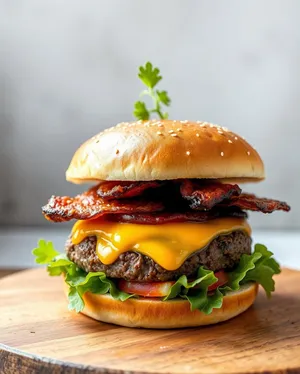 Grilled cheeseburger and salad with fresh vegetables