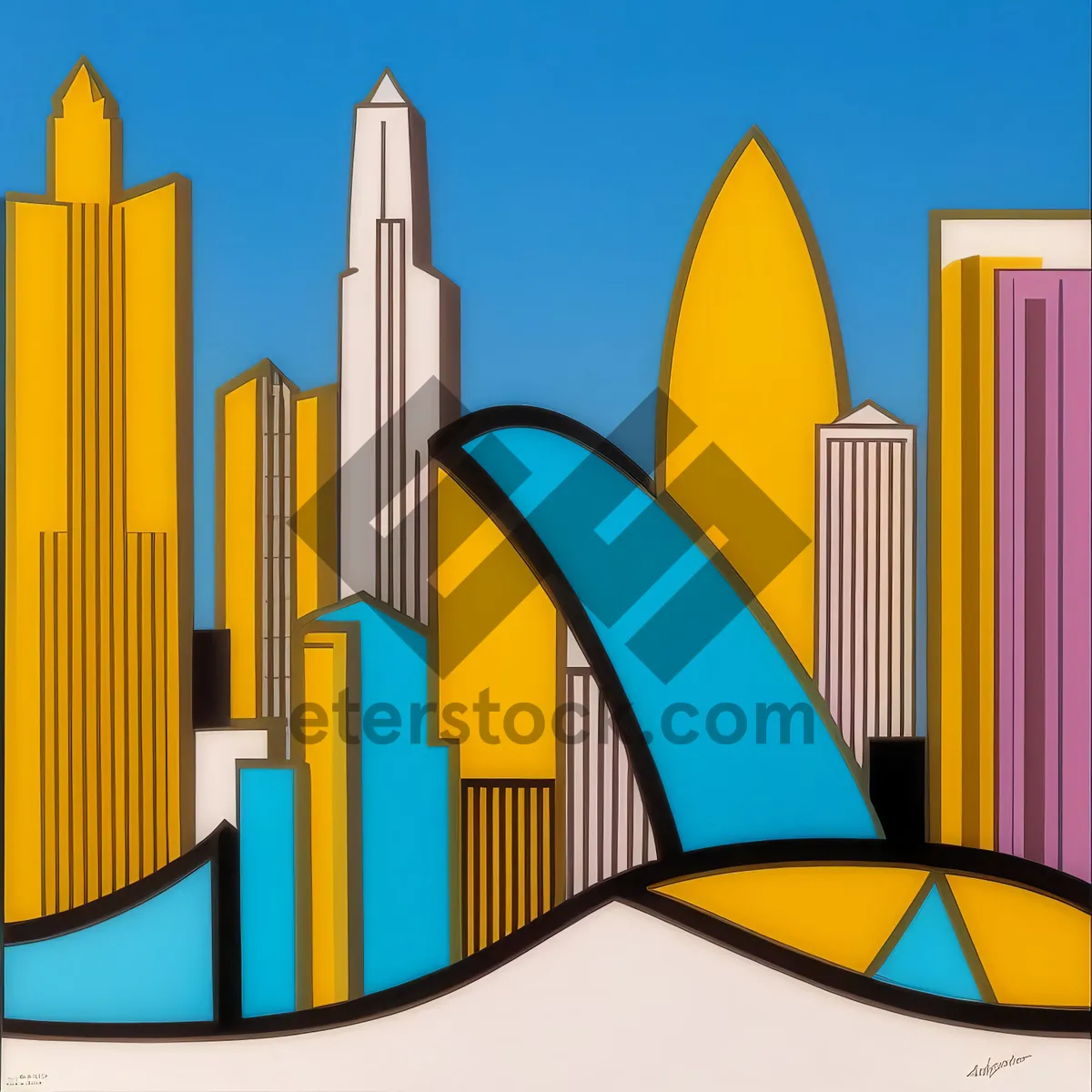 Picture of Dynamic Cityscape with Surfer and Finance Graph