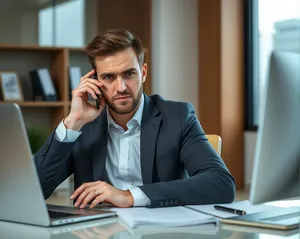 Successful Businessman Sitting at Desk with Laptop Smiling