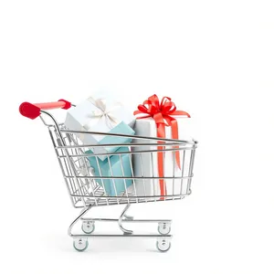 3D shopping cart in empty supermarket aisle with wheel