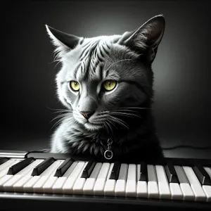 Adorable gray kitten playing on grand piano