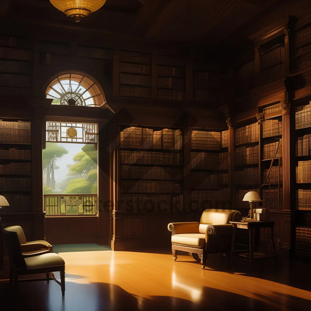 Picture of Modern restaurant interior with luxury wooden furniture and chairs.