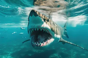 Clear tropical water with swimming great white shark