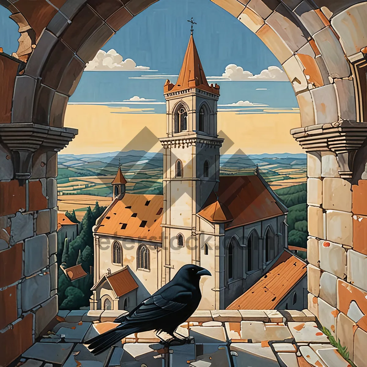 Picture of Medieval church tower in historic city skyline.