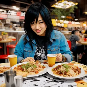 Happy couple enjoying delicious meal at restaurant table