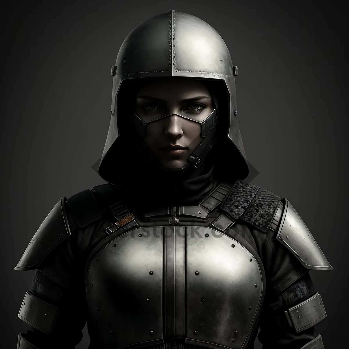 Picture of Male Armored Bust Sculpture with Protective Helmet and Shield