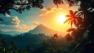 Tropical sunset over palm tree on beach.