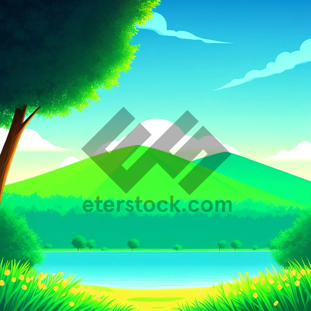 Picture of Summer Skies: Vibrant Landscape with Tree and Meadow