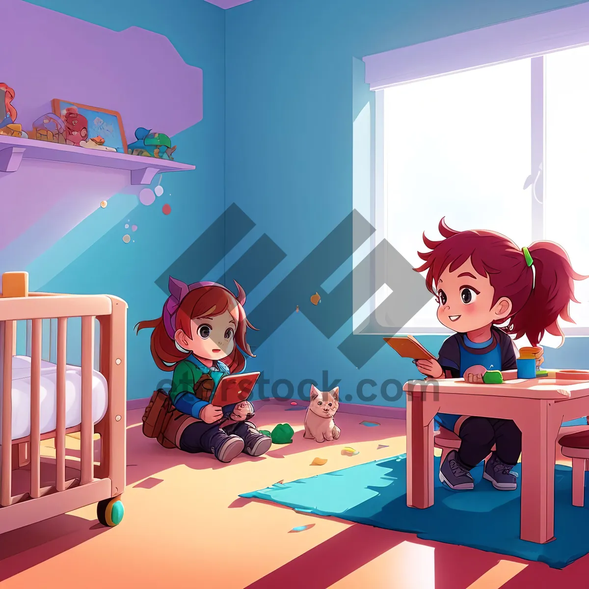 Picture of Cute Cartoon Baby Boy in Bedroom Crib