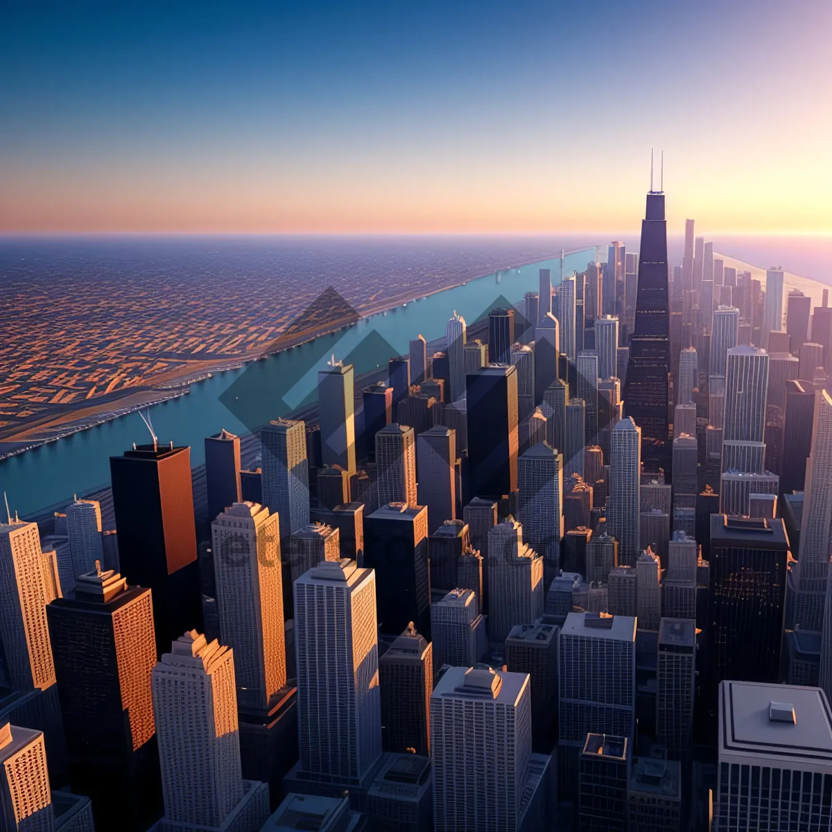 Picture of Urban Skyline at Sunset: Cityscape with Tall Skyscrapers