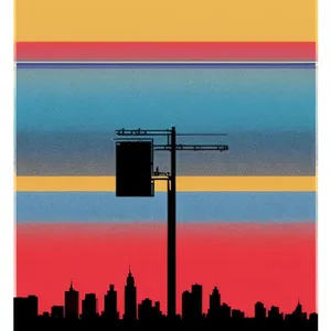 Urban Skyline Sunset with Tower and Flagpole