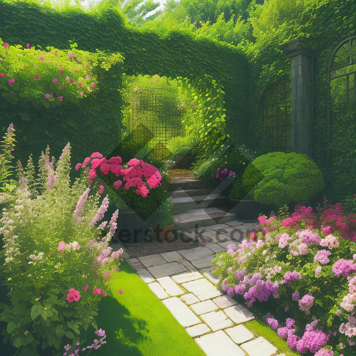 Picture of Serene Summer Garden with Lush Trees and Blooming Flowers