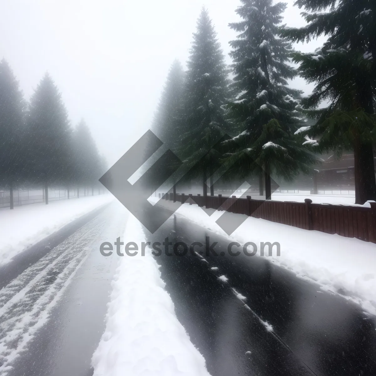 Picture of Serene Winter Wonderland: Snowy Landscape with Road and Sprinkler