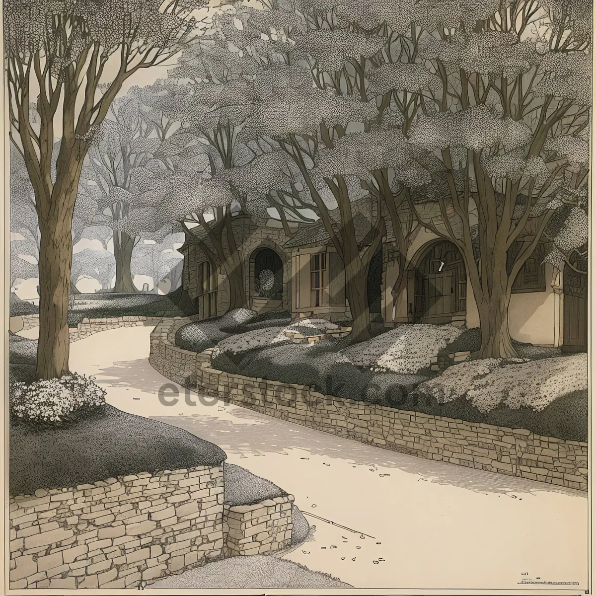 Picture of Winter Memorial at Old Cemetery: Snowy Stone Structure and Trees