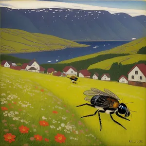 Vibrant Insect Flying over Serene Countryside Landscape