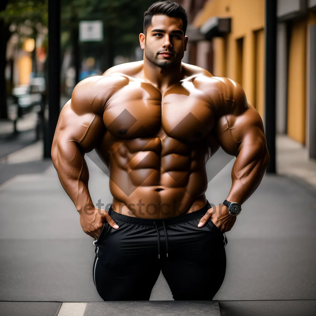 Picture of Attractive male model with muscular physique posing shirtless
