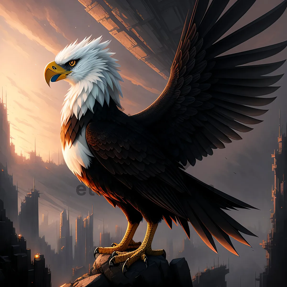 Picture of majestic bald eagle soaring with fierce eyes