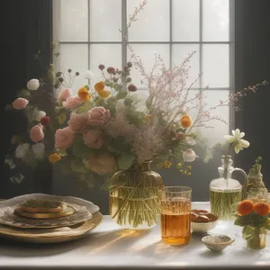 Dinner party table decoration with flower bouquet in vase