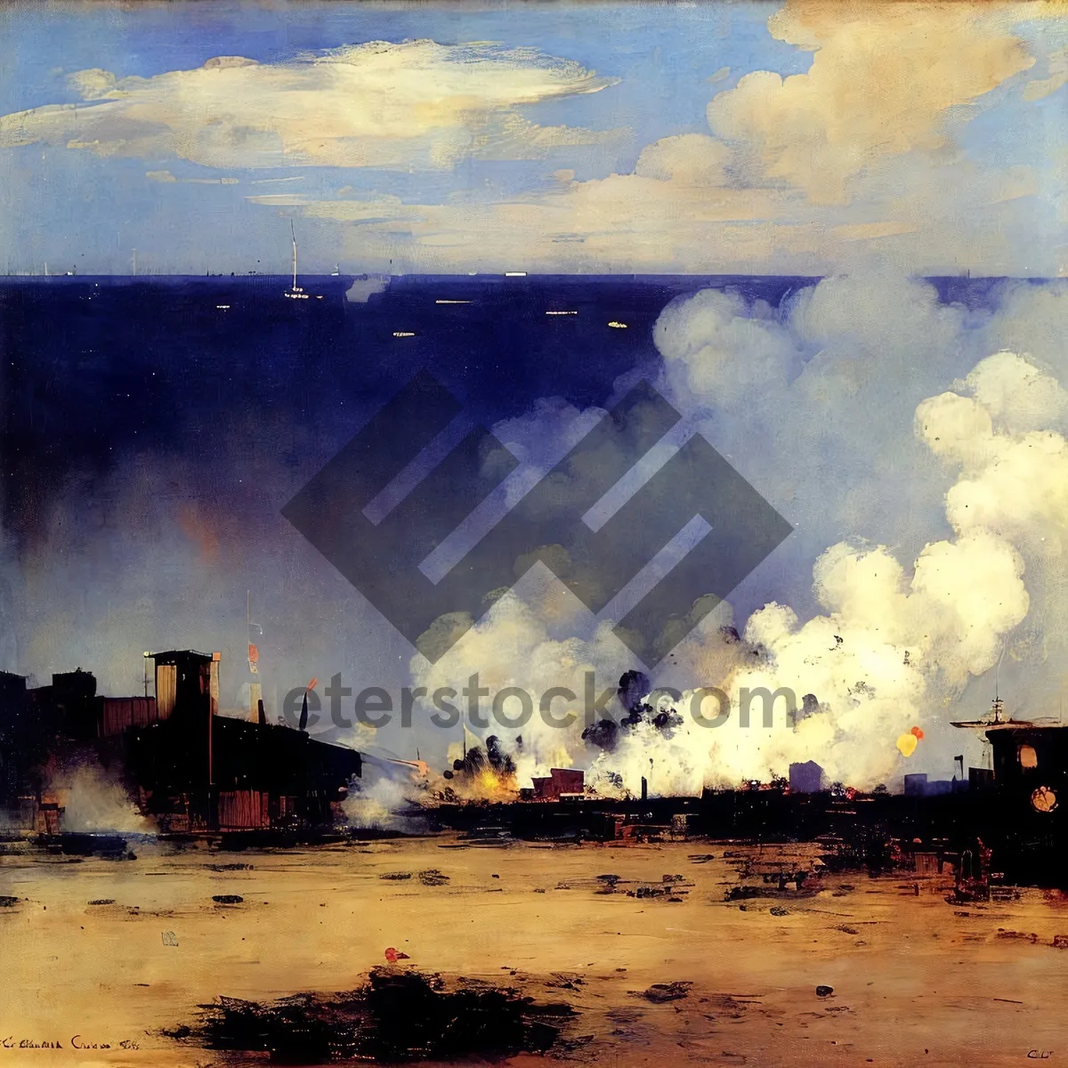 Picture of Sunset over Ocean with Steam Locomotive