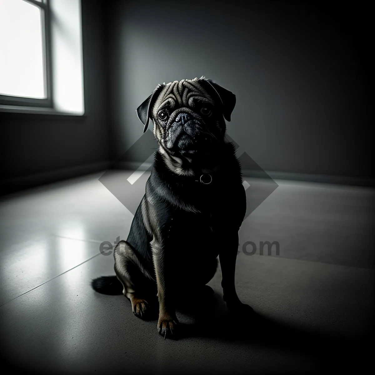 Picture of Adorable Pug Puppy in Black Harness - Studio Portrait