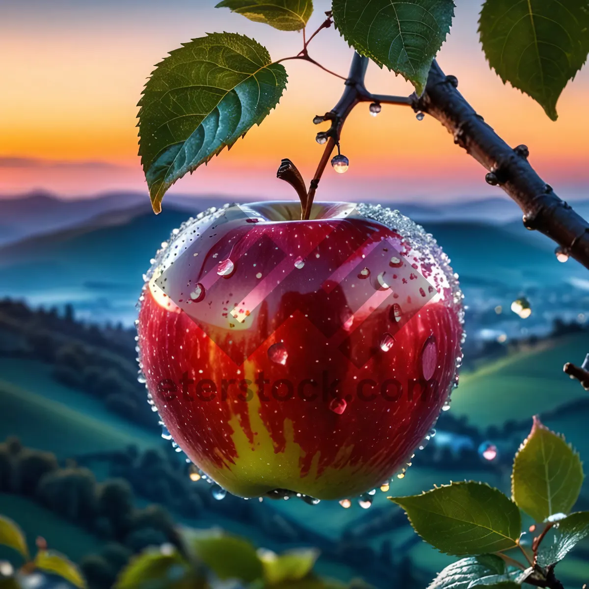 Picture of Fresh and Juicy Red Delicious Apple on Tree Branch