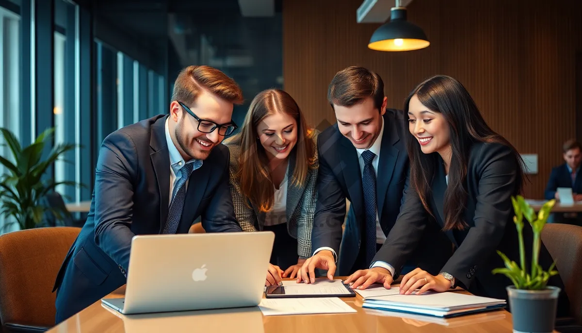 Picture of Happy professional man and businesswoman working together in office