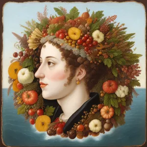 Doll Portrait: Happy Plaything with Attractive Hair, Fruit, and Flowers