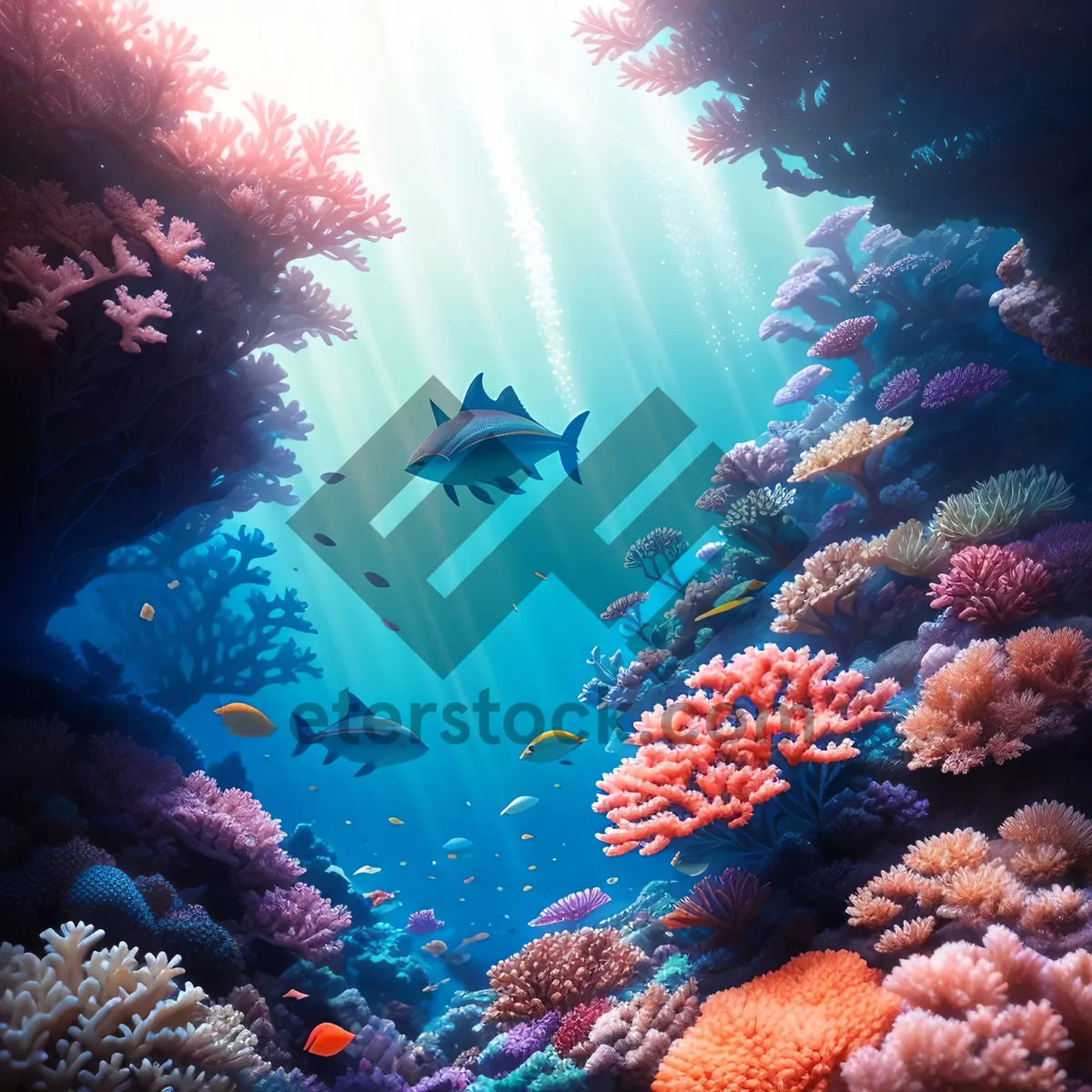 Picture of Exotic Underwater Coral Reef: Colorful Marine Life in Sunlit Waters.